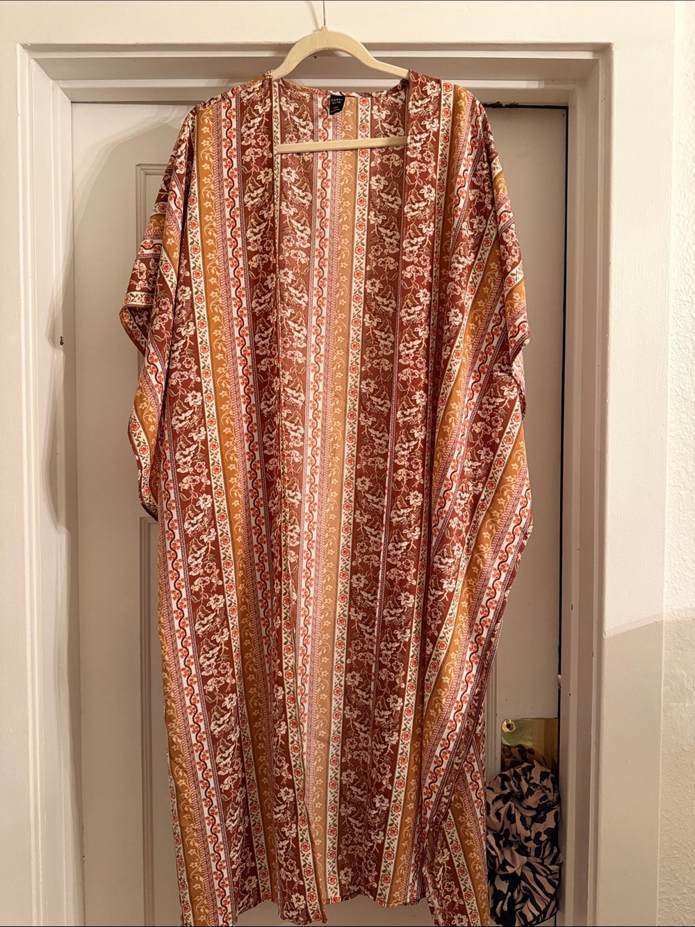 Striped & Floral Boho Kimono in Rust, Gold, Cream